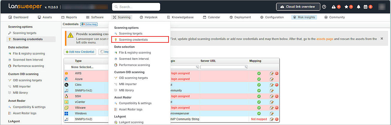 Screenshot of Lansweeper scanning credentials settings in the classic web console